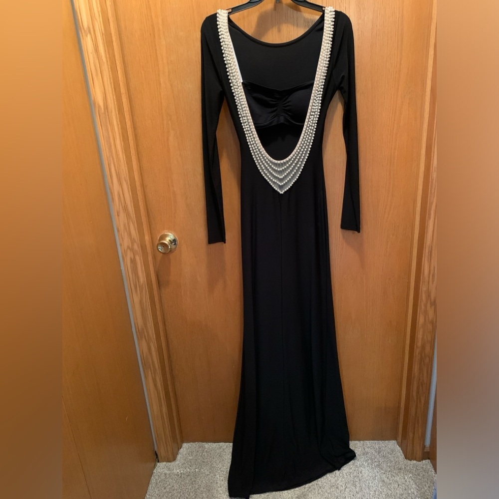 Black backless Pearl Prom Dress